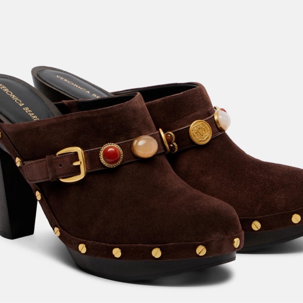 Veronica Beard Giana Charms Espresso Brown Suede Platform Clogs Mules 6